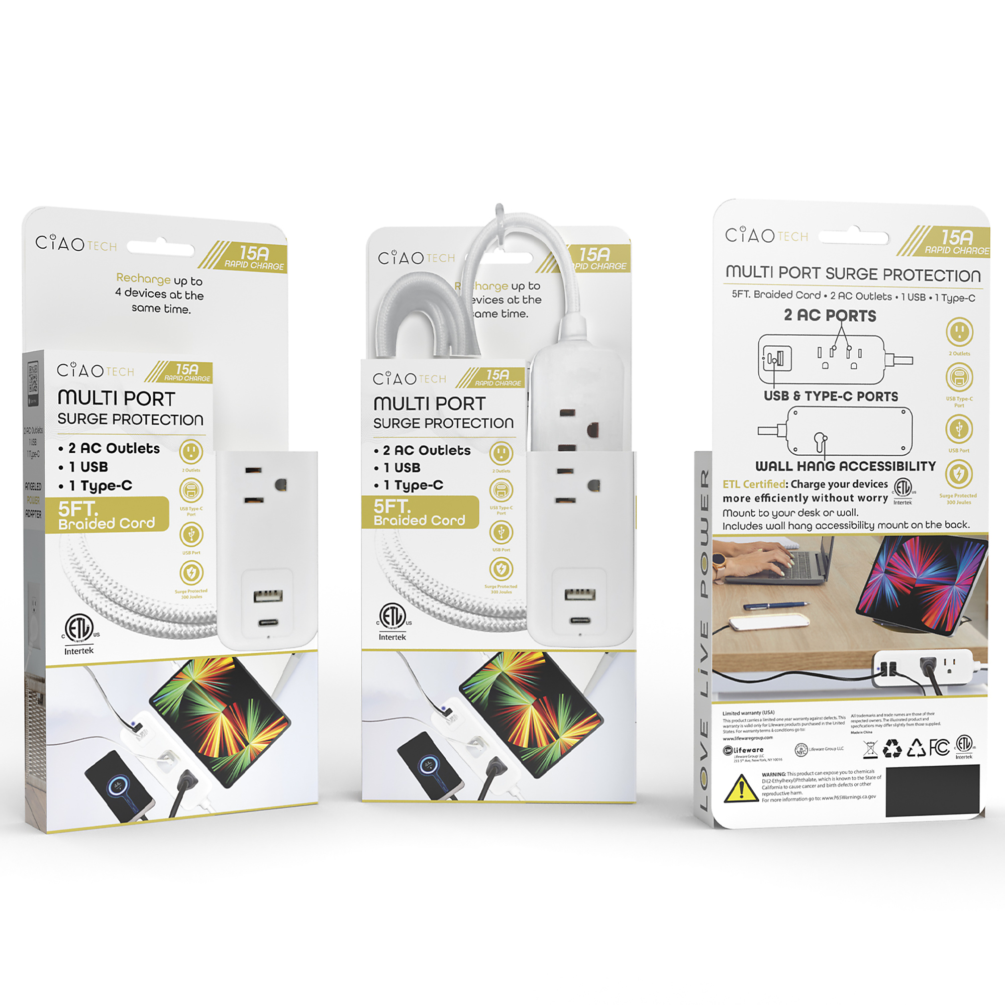 Lifeware, 5ft. Extendable Cord with USB Type C USB White, Cord Length 5 ft, Model# CPAT500-042